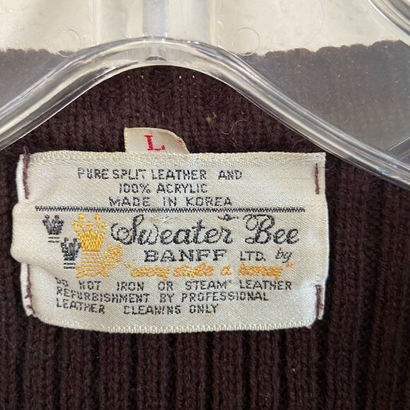 Vintage 70s LG Sweater Bee by Banff Chocolate Brown Split Leather Vest Cardigan - Picture 5 of 5